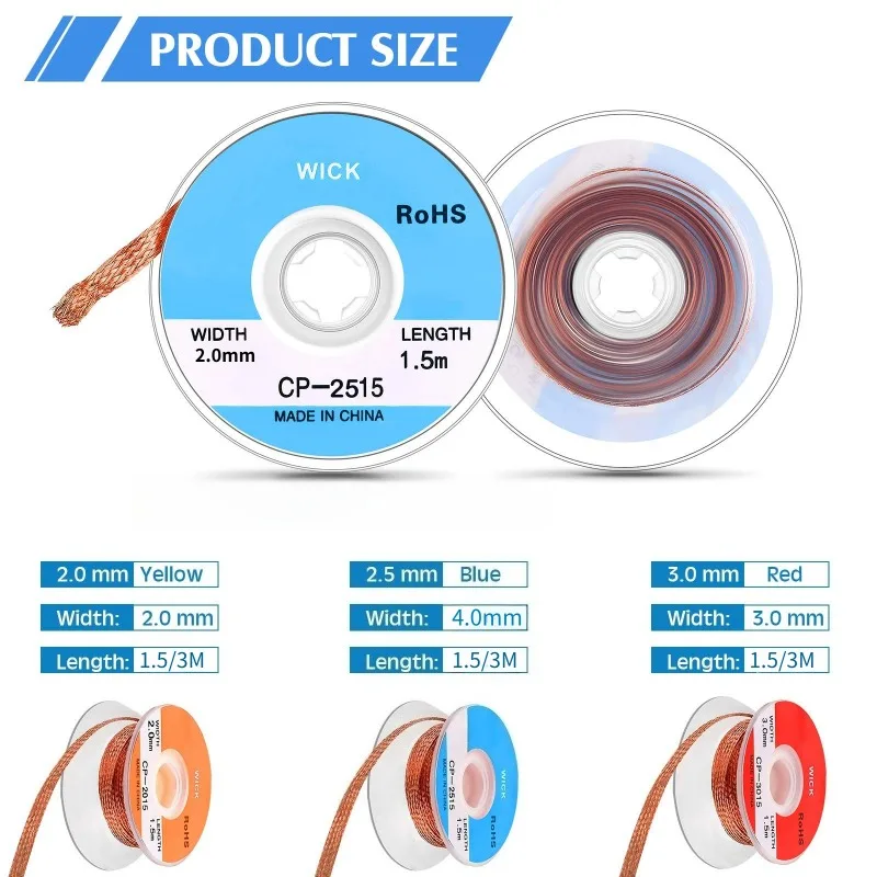 Copper Solder Wick Desoldering Mesh Braid Roll with Flux Tin‑Removal Wire Tape Hand Tool for  Phone Mainboard PCB Soldering