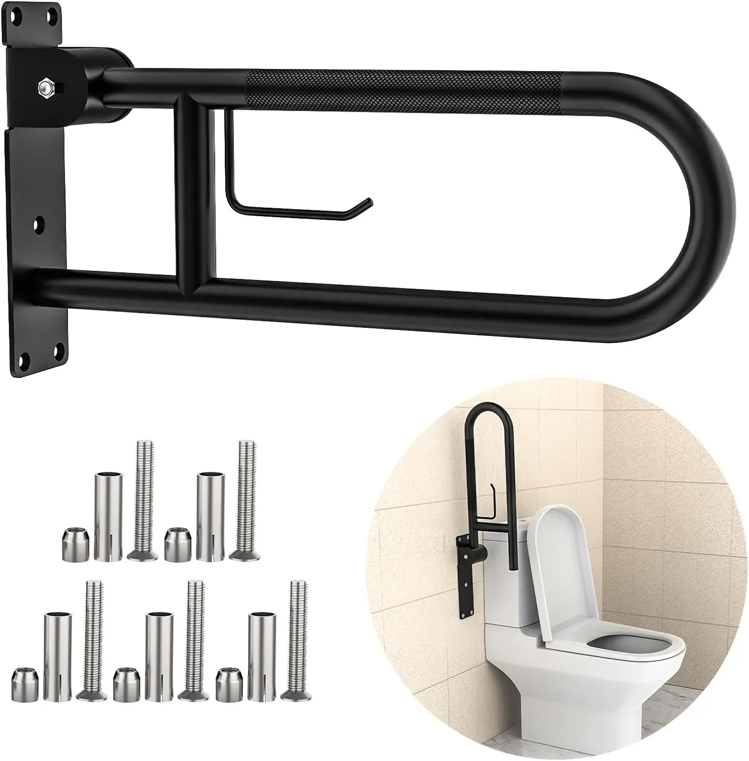 

22.4" Flip Up Toilet Grab Bar with Paper Holder, Matte Black, Non-Slip Knurled Surface, 500 lbs Capacity