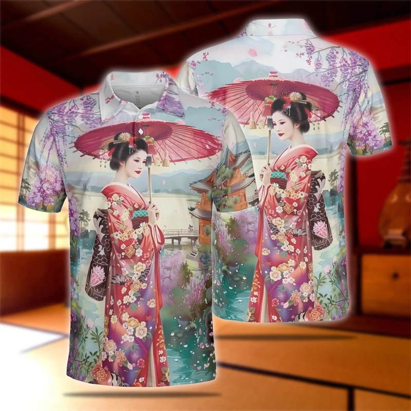 Japanese Geisha 3D Printed Polo Shirts For Men Clothes Harajuku Fashion Cherry Blossoms Kabuki POLO Shirt Geiko Short Sleeve Top