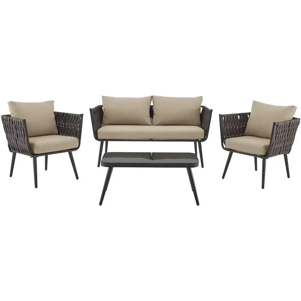 4 Piece Bistro Soa Set w/Cushions Coee Table Outdoor Patio Wicker Rattan urniture Space Saving