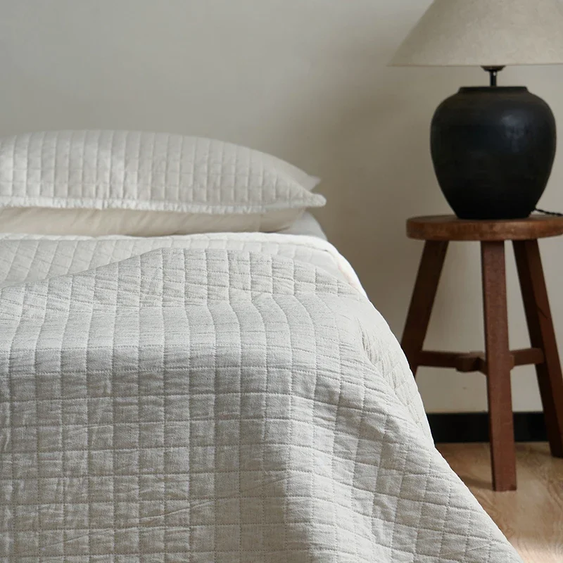 3Pcs Bed Cover Cotton+Linen Plaid Bedspread On The Bed King Size Double Coverlets 48*74cm Pillowcase 3Pcs Beding Set