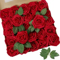 25pcs Artificial Flower Red Rose Real Looking Fake Roses for DIY Wedding Bouquets Arrangement Party Baby Shower Home Decorations