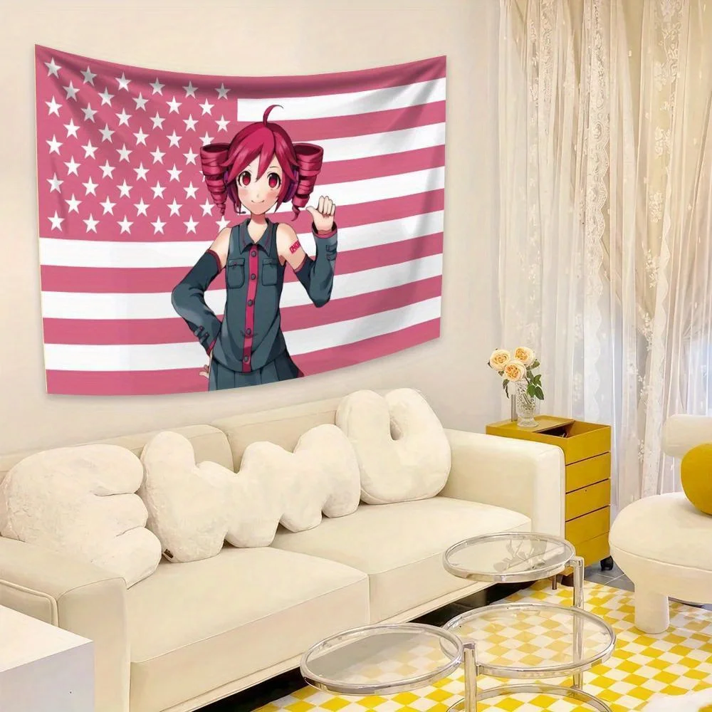 Kasane Teto Pink American Flag Anime Wall Hanging Tapestry Peach Light Vibrant Digital Print Horizontal Design for Decor