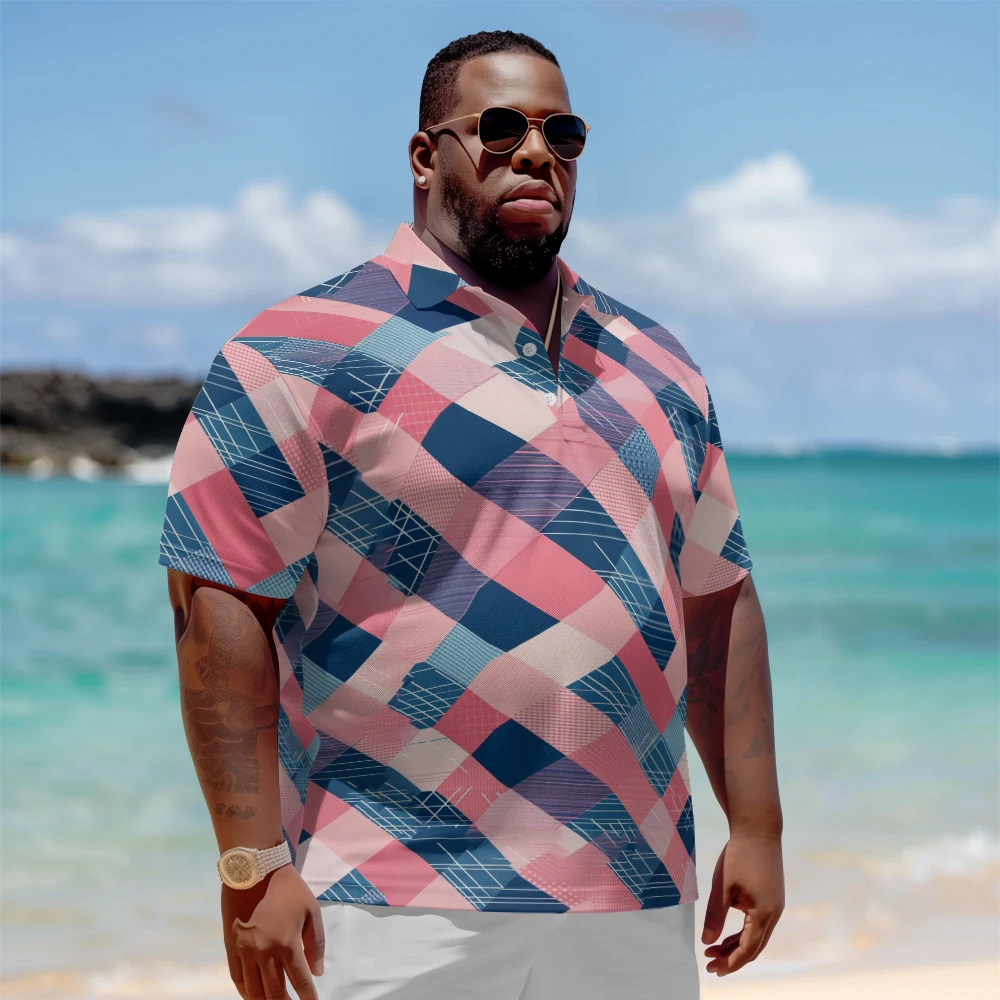 

Plus Size Men's Summer Short Sleeve Lapel Loose short-sleeved T-shirt with pink cross stripes Daily Casual Button Polo