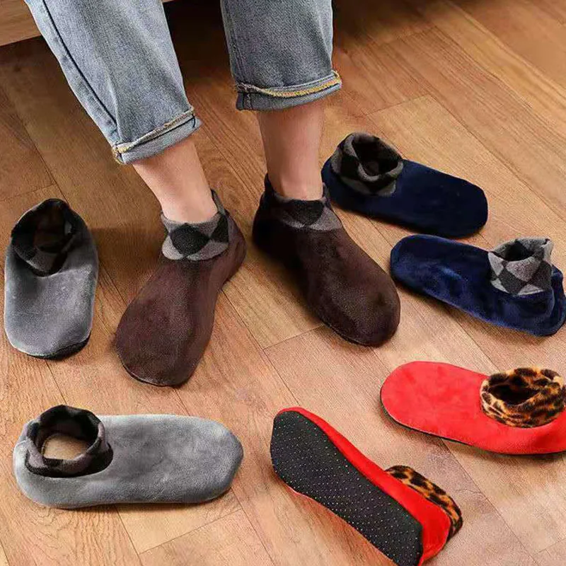 Winter Indoor Non-slip Socks For Unisex With Leopard Edge Thicken Warm Floor Sock Fleece Inner Home Slipper Socks Wholesale