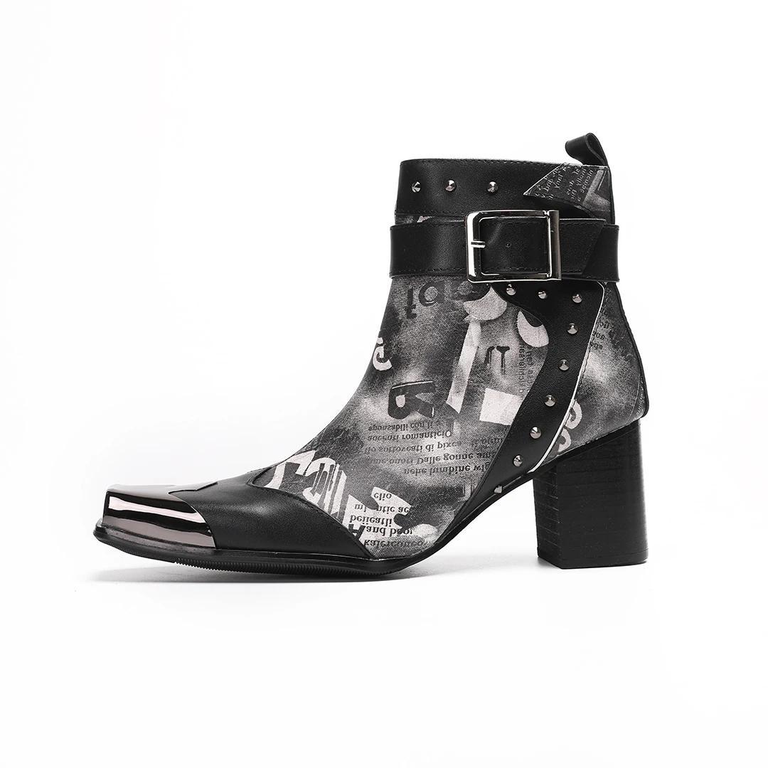 Men's Chelsea Boots Metal Square-Toe Genuine Leather Patchwork Studs Side Zipper Buckle High-Heeled Ankle Boots Party Shoes