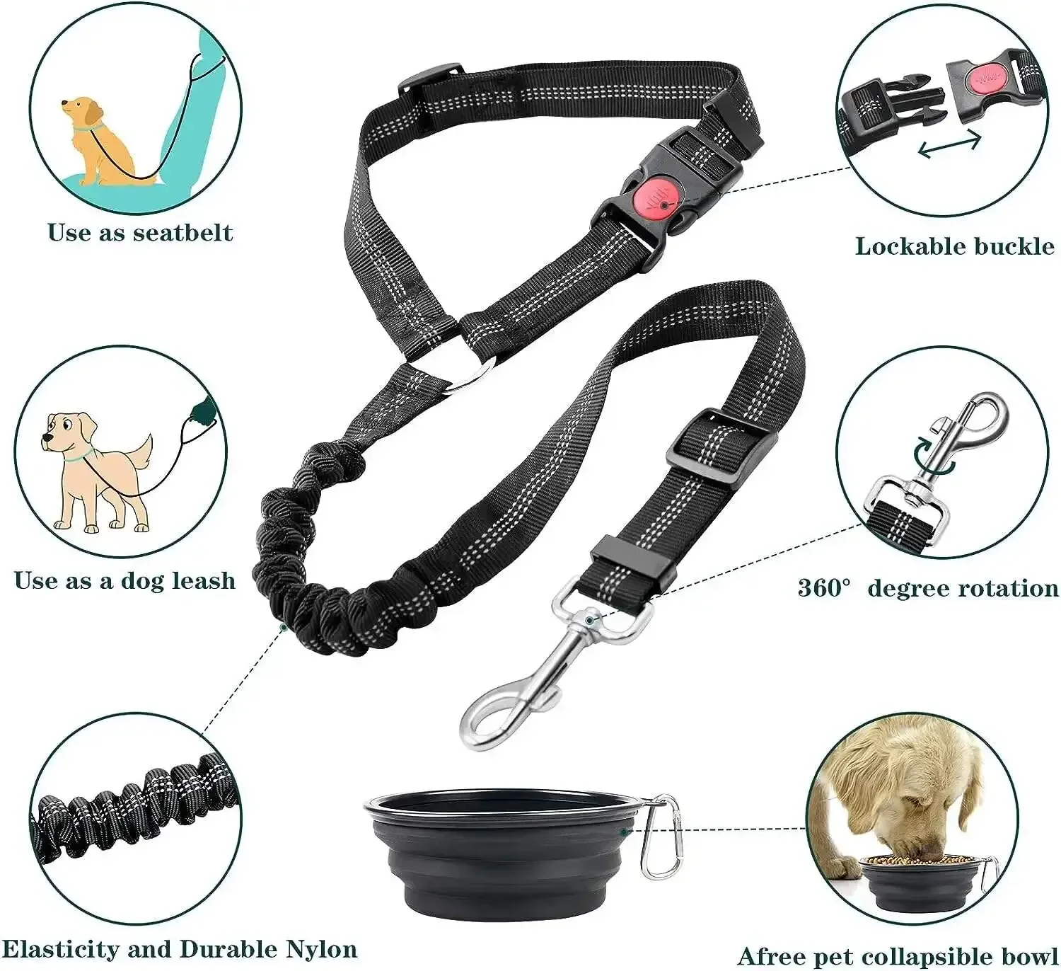 2-in-1 Dog Car Seatbelt Headrest Restraint Adjustable Reflective Pet Safety Seat Belt Clip Buckle Tether Large Medium Small Dogs