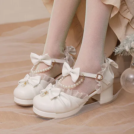 Spring Lace Ankle Strap Women High Heels Mary Jane Pumps Party Wedding Cosplay White Pink Hairball Bow Princess Lolita Shoes2024