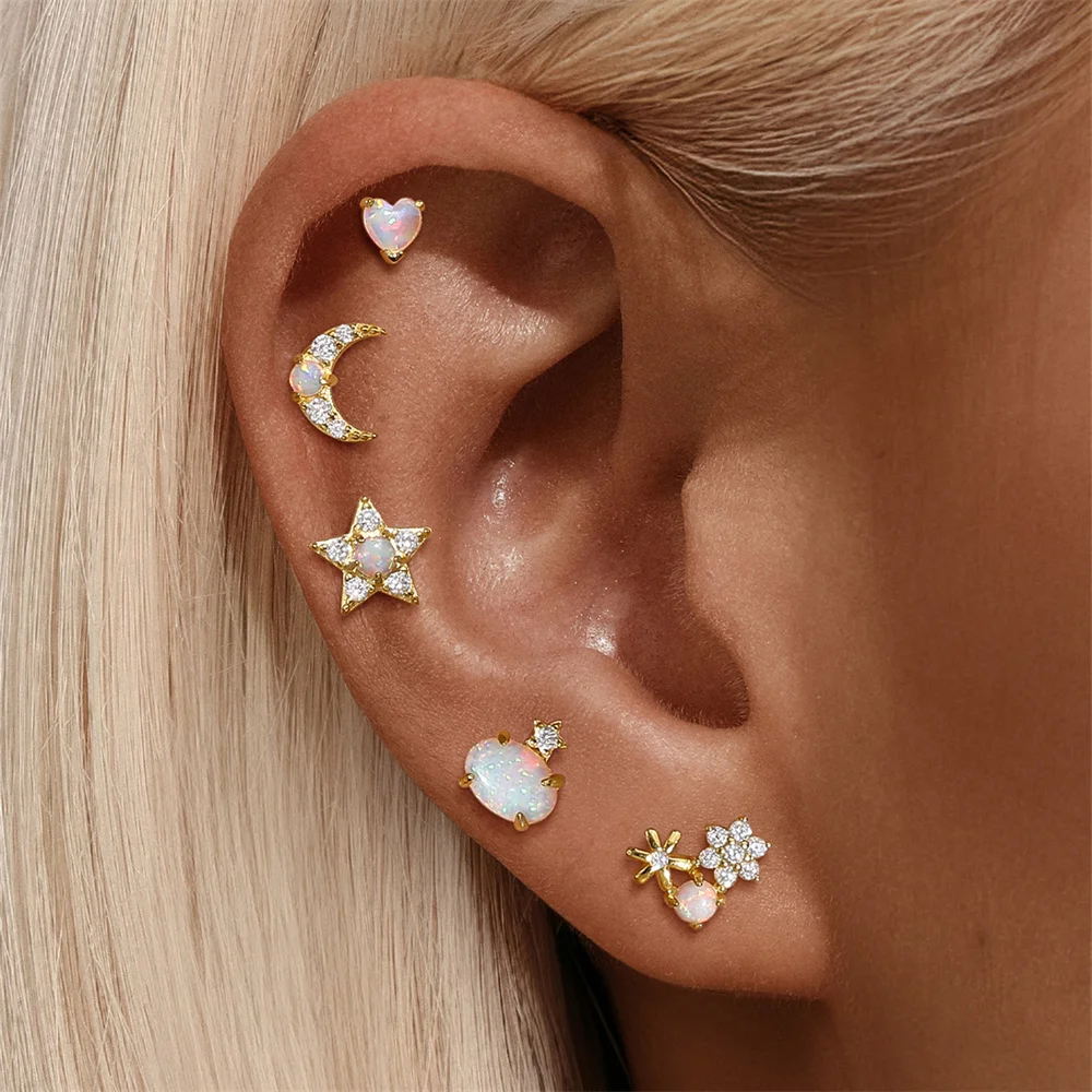 CANNER 1PC Heart-shaped Opal 925 Sterling Silver Threaded Piercing Earring Women Ins Star Moon Butterfly Ear Bone Nail Gift