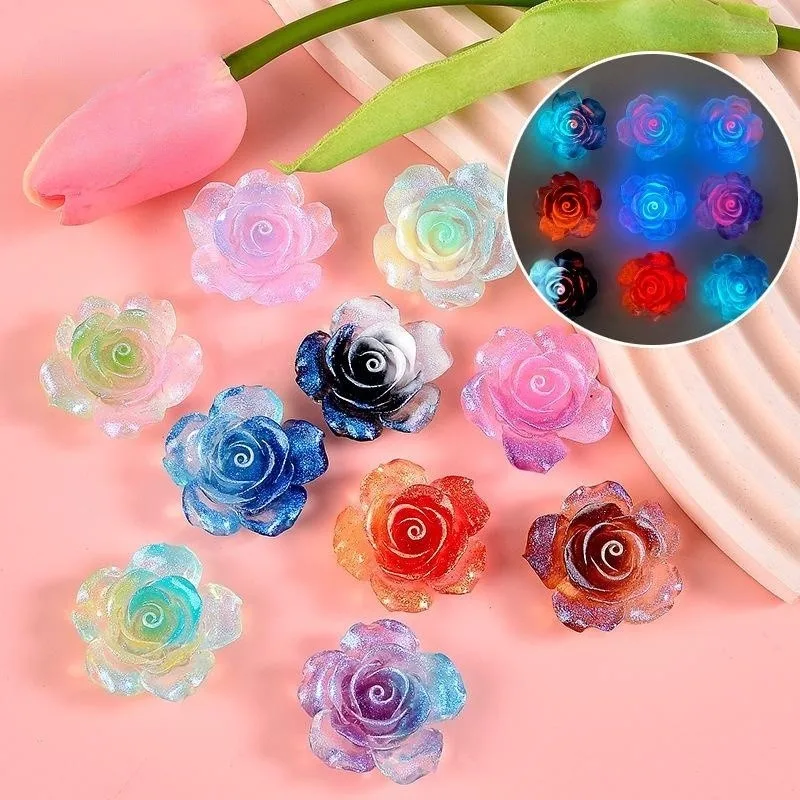 10-20Pcs Luminous Glitter Rose Flower Resin Accessories Figurines Scrapbook Flatback Material DIY Home Ornaments Applique Crafts