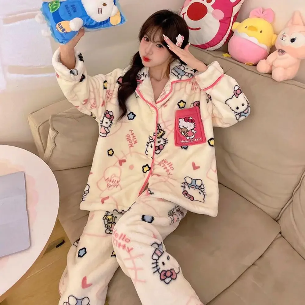 Kawaii dos desenhos animados olá kitty pochacco pijamas de pelúcia conjunto sanrioed anime feminino coral velo homewear entregar máscara de olho bonito meninas