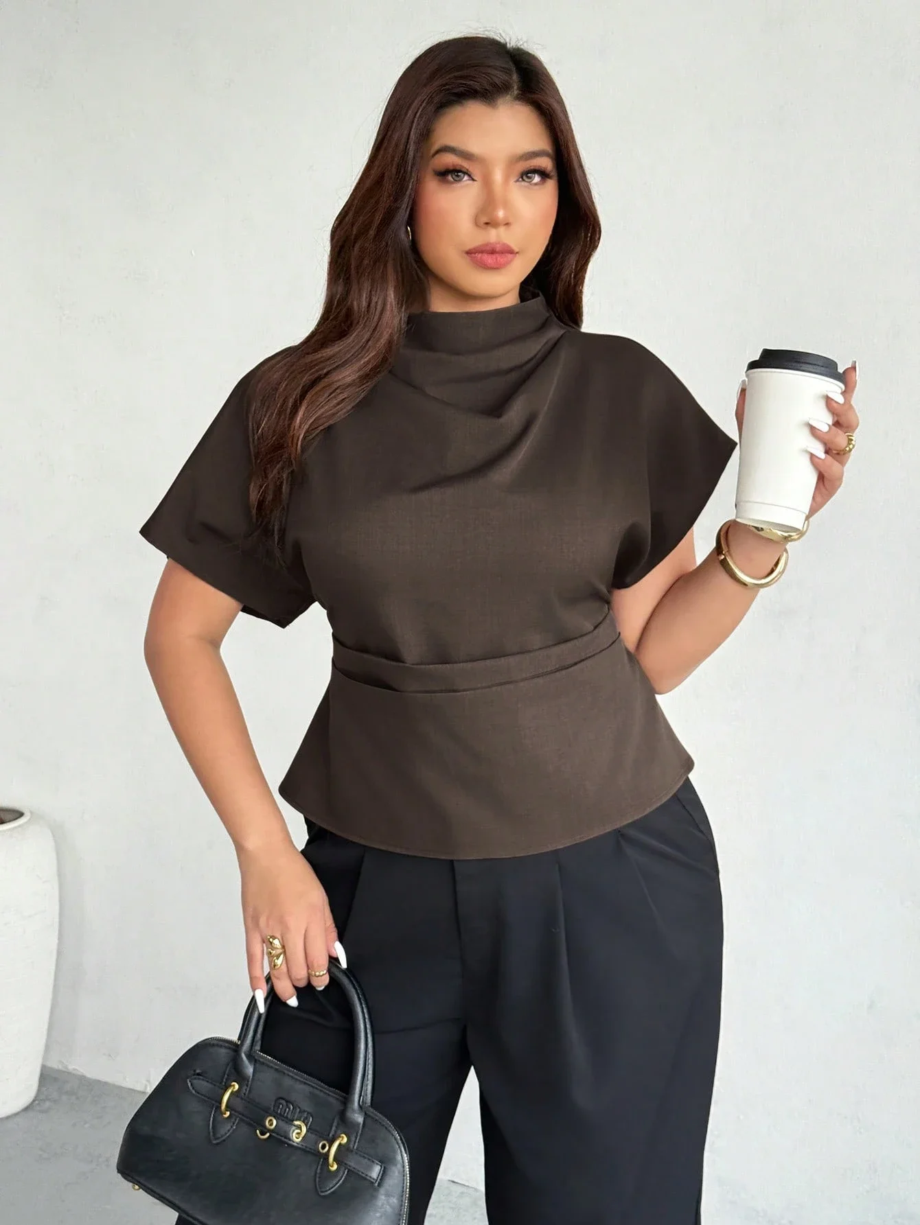 

Plus Size Women Casual Elegant Ruched Collar Asymmetrical Sleeve Peplum Blouse Spring Summer