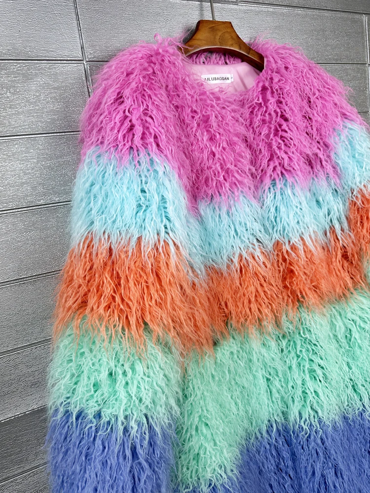 Original Design Female Colourful Faux Fur Coat Lady Contrast Color Shaggy Outerwear Women\'s Long Jacket Factory Direct Sales