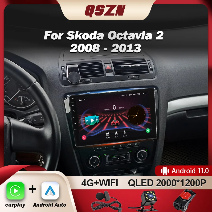 

QSZN For Skoda Octavia 2 A5 2008 - 2013 Car Radio Multimedia Video Player Navigation GPS 4G Carplay Android 12 Autoradio 2K QLED