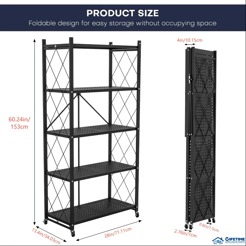 Custom.Versatile 3/4-Tier Foldable Storage Rack with Wheels - Metal Rolling Cart Books, Kitchen, Pantry & Closet Organizatio