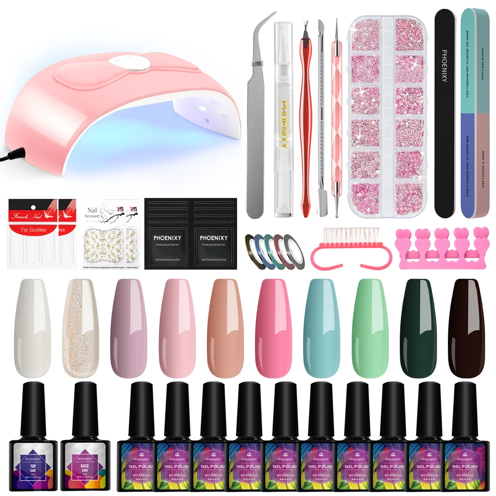 PHOENIXY Nail Art Starter Set 10pc Gel Nail Polish with 54W UV LED Drying Lamp Nail Polish Set Complete Full UV Gel Manicure Kit