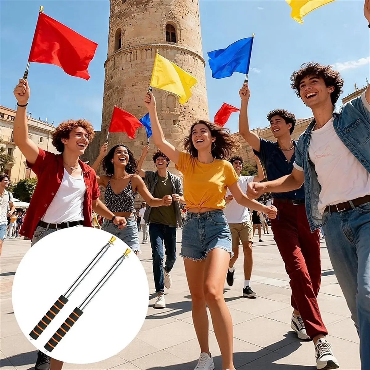 2026 NEW 3 Meters Telescopic Flag Pole, Handheld Retractable Flagstick with 4 Clips, Anti-Slip Handle for Camping Guide Events