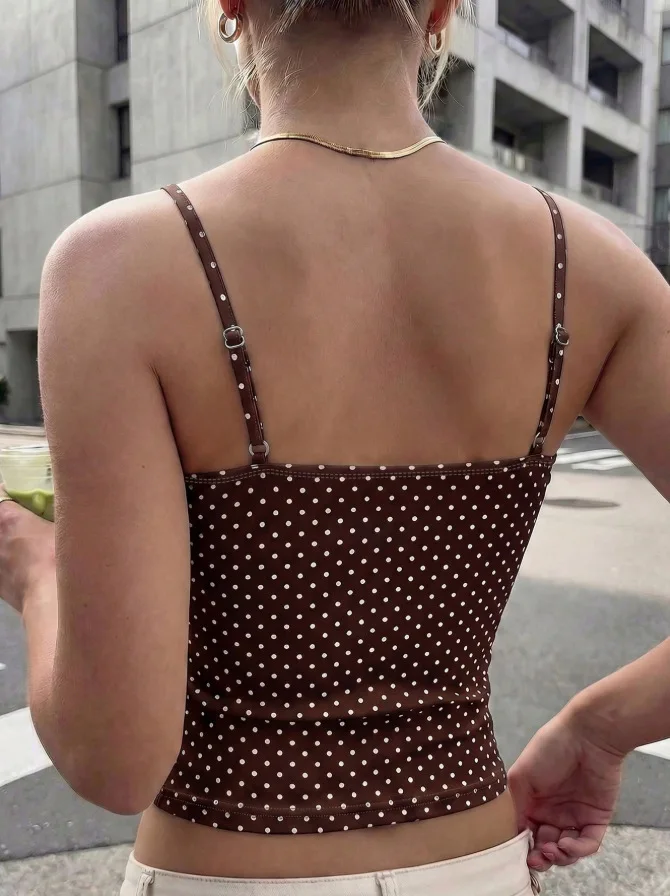 Women's Polka Dot Cami Top, Adjustable Strap U Neck Crop Tank Top, Slim Fit Casual Vest for Daily Street & Office Outfit