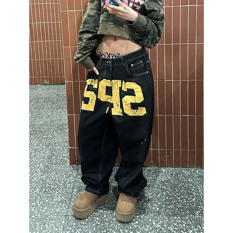 IMU Women's Black Gothic Y2k Oversize Jeans Harajuku Vintage Baggy Denim Trouser Japanese 2000s Style Boyfriend Jeans Pants Summ