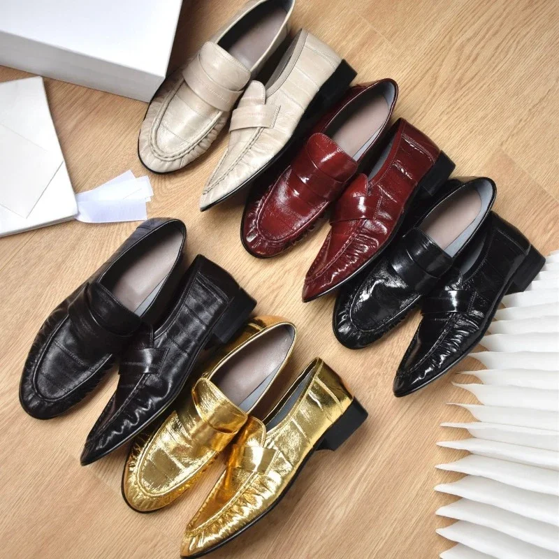 Top Version Eel Leather Retro Minimalist Flat Loafers Women Shoes