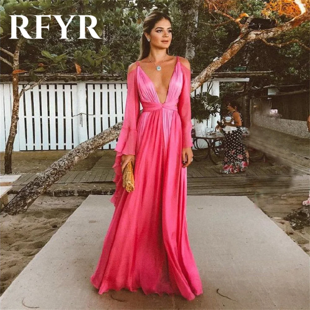 

RFYR A Line Prom Dresses Long Sleeve Deep V Neck Backless Vestidos Chiffon Long Evening Dress Party For Women abiti da cerimonia