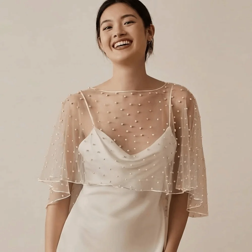Luxury Pearl Bride Wedding Dress Shawl Beaded Transparent Evening Dresses Scarves Cape Korean Style Mesh Scarf Bride/Bridesmaid