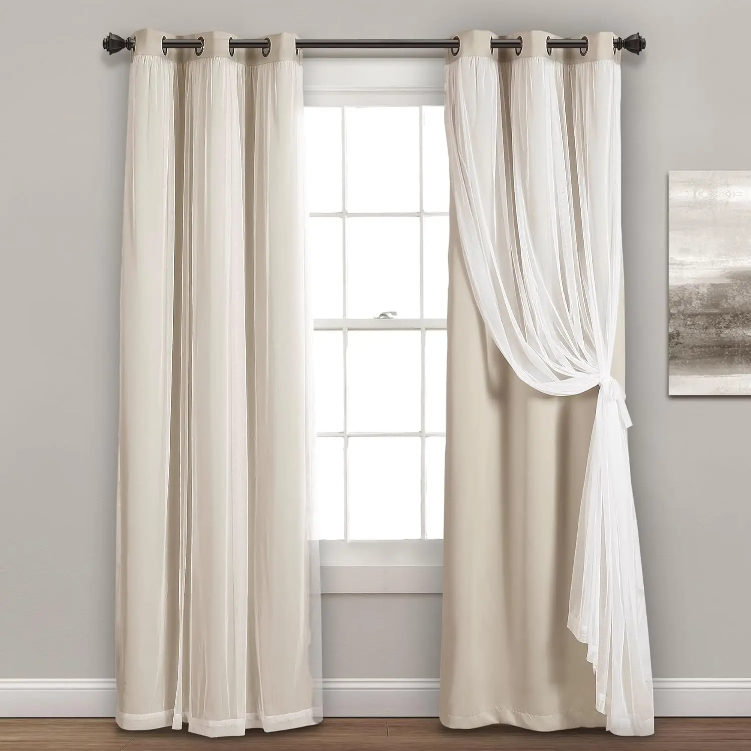 Sheer Grommet Curtains with Insulated Blackout Lining, 38"W x 84"L, Wheat Color for Bedroom Elegance