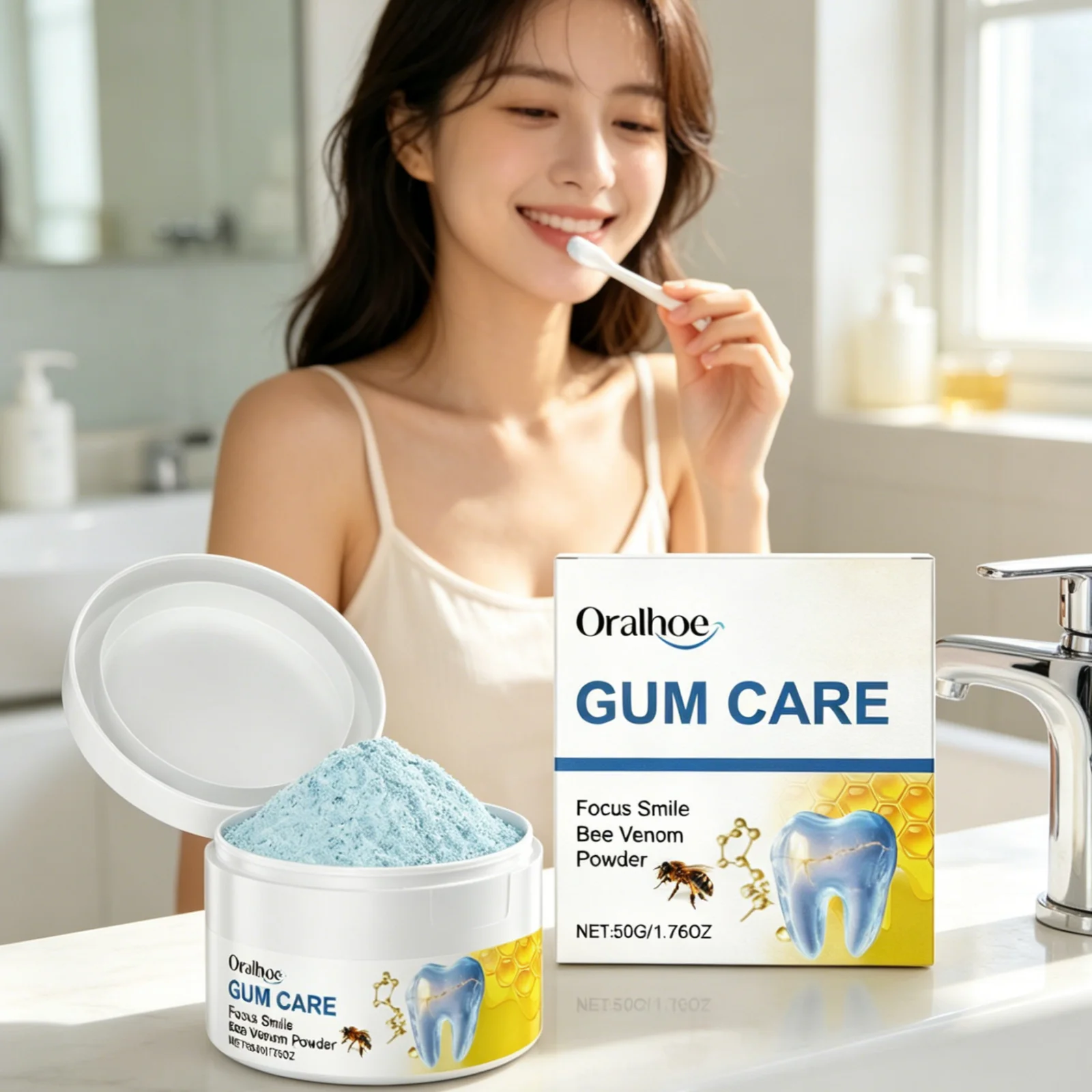 Oralhoe Bee Venom Tooth Powder Deep Cleaning Remove Stain Yellow Teeth Solution Fresh Breath Gum Care Teeth Whitening Powder 50g