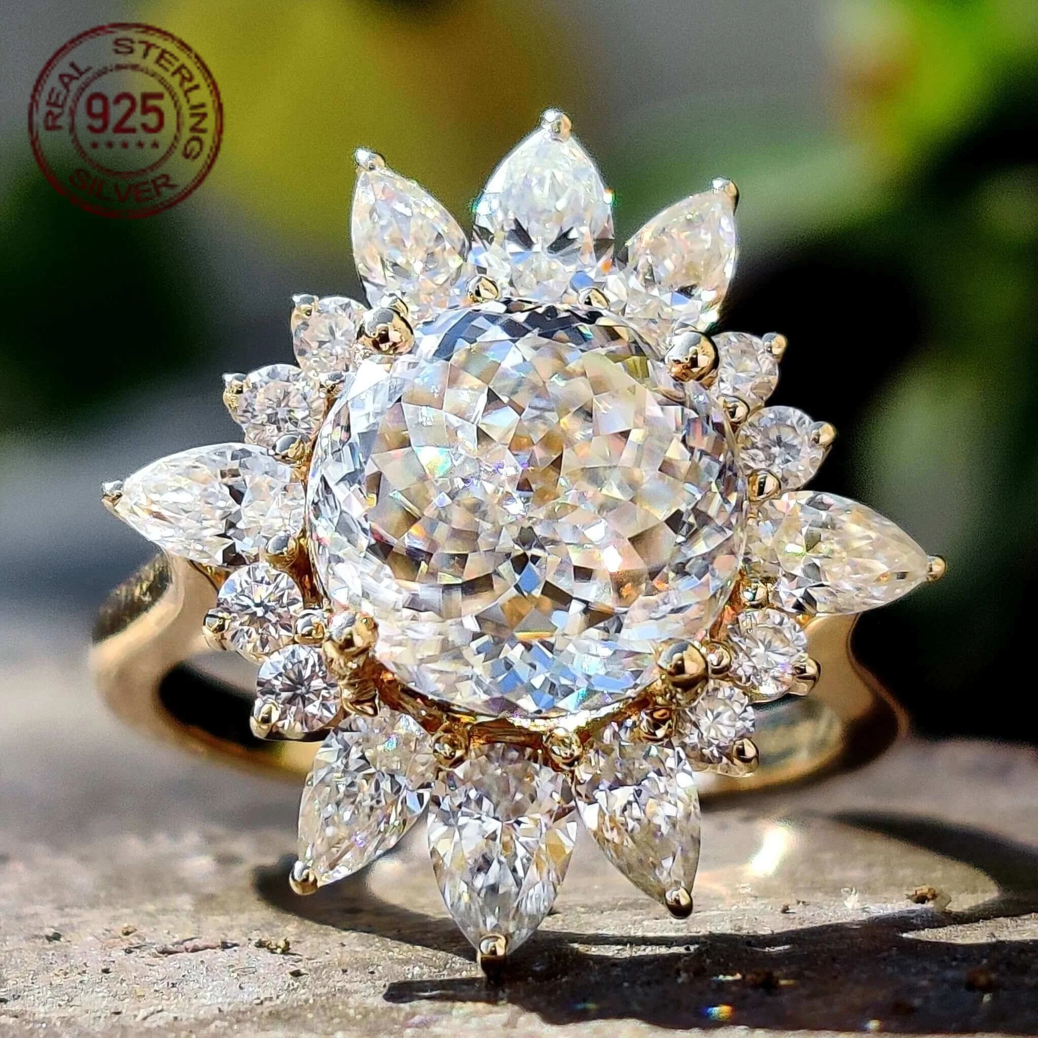Vintage Fashion Portuguese Cut Ring With Snow Flake Halo 925 Sterling Silver Over Gold Plated Ladies Elegant Wedding Jewelry