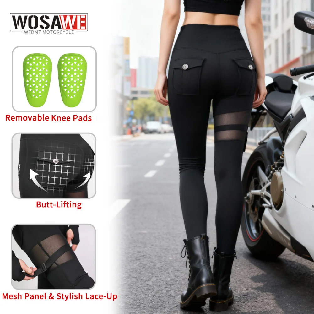 

Женские мотоциклетные брюки WOSAWE, дышащие брюки для мотокросса, кружевные лоскутные леггинсы для фитнеса с высокой талией и карманами