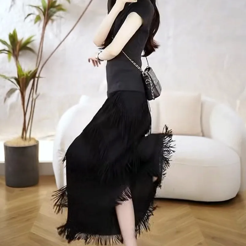Miyake Pleated 2026 New Black Fringed Skirt for Women High Waist Slim Fit Mid-Length Draped Layered Stylish Design Skirt Pleat