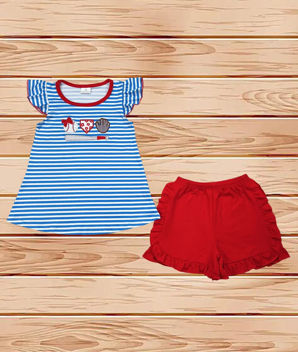 

4.12 Wholesale Western Boutique children Embroidery Baby Girls Blue Stripe Flutter Sleeves Baseballs Tunic Red Ruffle Short Sets