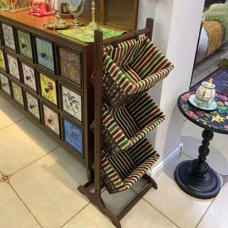

Vintage Pastoral Shelving Solid Wood Rattan Storage Rack Home Holder 3floor Living Room Kitchen Hanging Organization Basket Rack