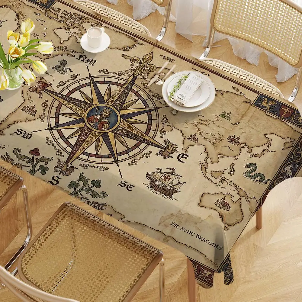 Old World Map Nautical Compass Durable Rectangle Tablecloth - Scratch-Resistant For Restaurants, Cafés & Service