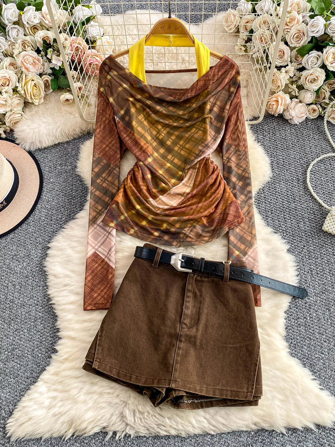 

High Waist Denim ort Skirt And Long Sve T irt Set Pure Desire Spicy Girl Cheered Fake Two Piece Hanging Ne Swing C...