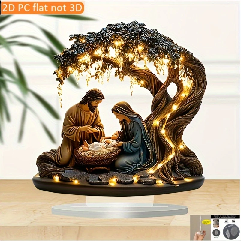 Retro 2D Acrylic Nativity Scene Dream Tree with Virgin Mary And Priest Christian Desktop Decoration Gift for Home Decor
