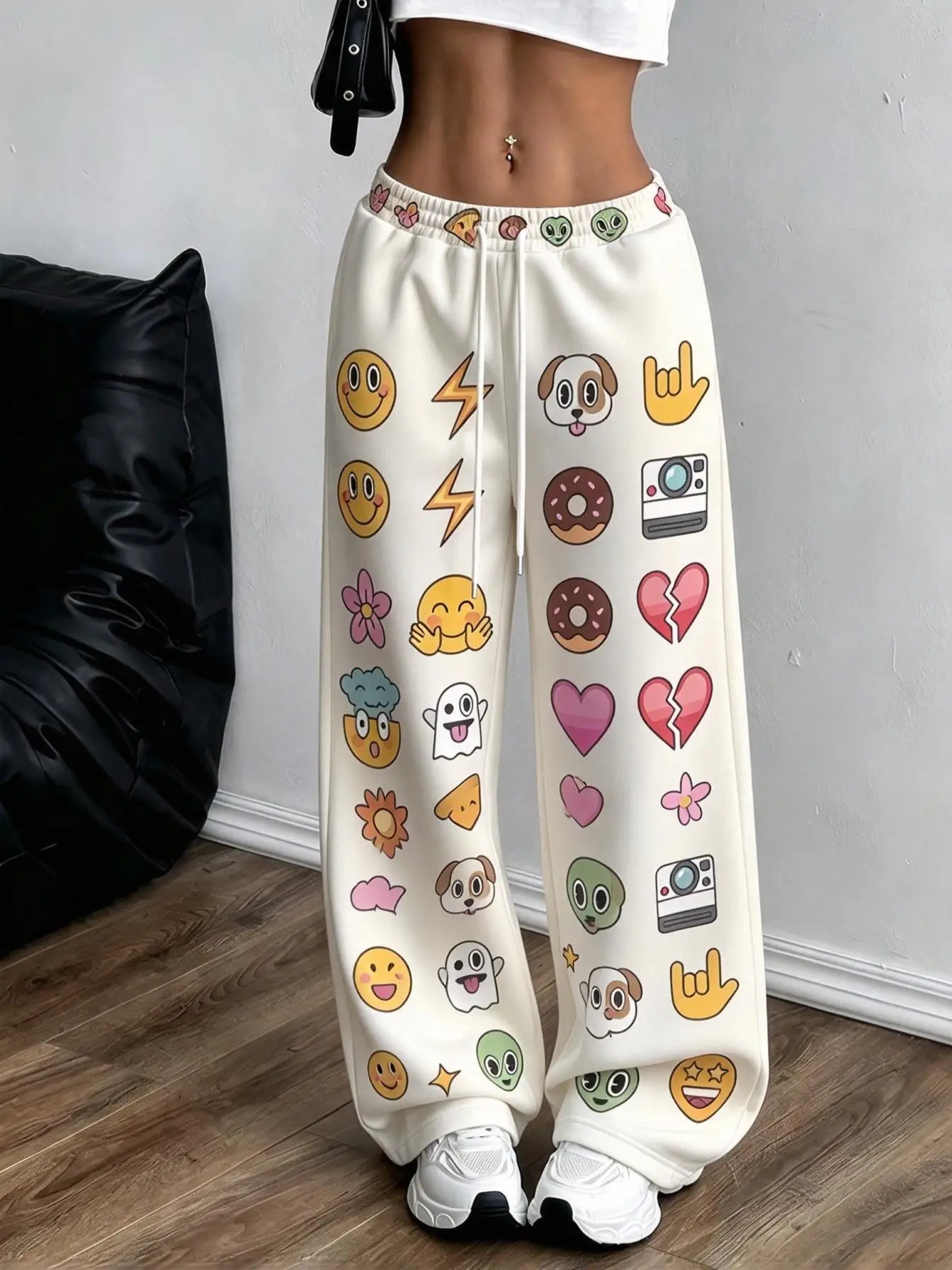 Women Low Waist Wide Leg Sweatpants Cute Emoji Cartoon Print Drawstring Elastic Loose Street Trousers