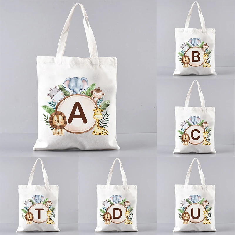 Animals Alphabet A-Z Women Shopping Tote Bags Canvas Large Capacity Student Casual Tote Initial Letter Bags Gift for Bridesmaid