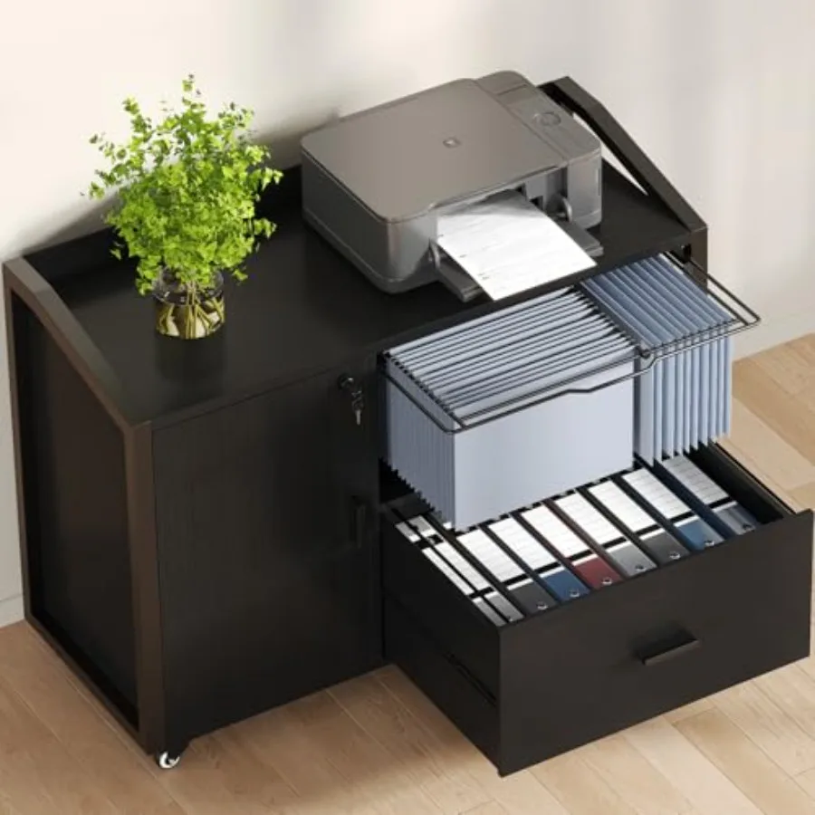 File Cabinet with Wheels with Locks, Black Mobile Filing Cabinet for Legal/Letter Size, Wood Metal Printer Stand with Shelves,