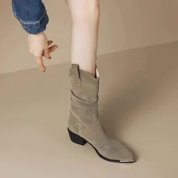 New Style Fashion Winter Classic Boots for Woman Cow Suede Pointy Toe Wedge Heel Ankle Boots Simple Comfort Cowboy Boots Female