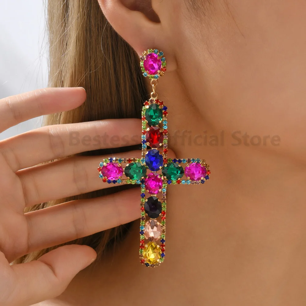 Luxury Shiny Crystal Clear Glass Cross Earrings Woman Popular Long Pendant Retro Statement Large Hanging Jewelry Ear Accessories