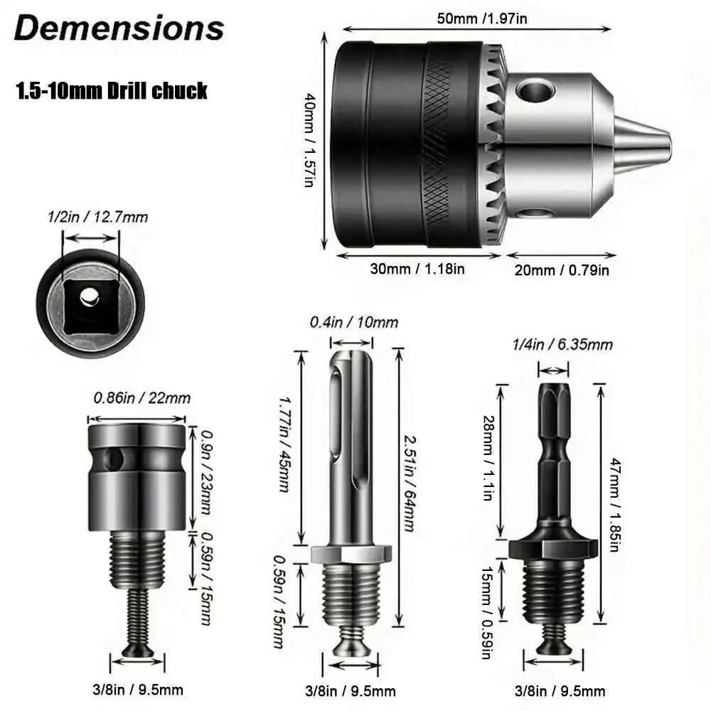 1.5-10mm Drill Chuck,3/8-24UNF Mount Impact Driver Bits Chuck Conversion Hex Shank/SDS-Plus Socket Square Adapter with Chuck Key