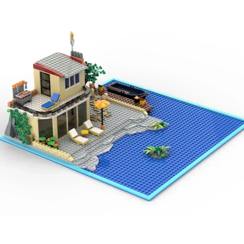 Briques de construction MOC, modèle de vue sur la rue de la ville, lac confortable, maison technologique, blocs modulaires, cadeaux de Noël, ensembles de jouets de bricolage, assemblage