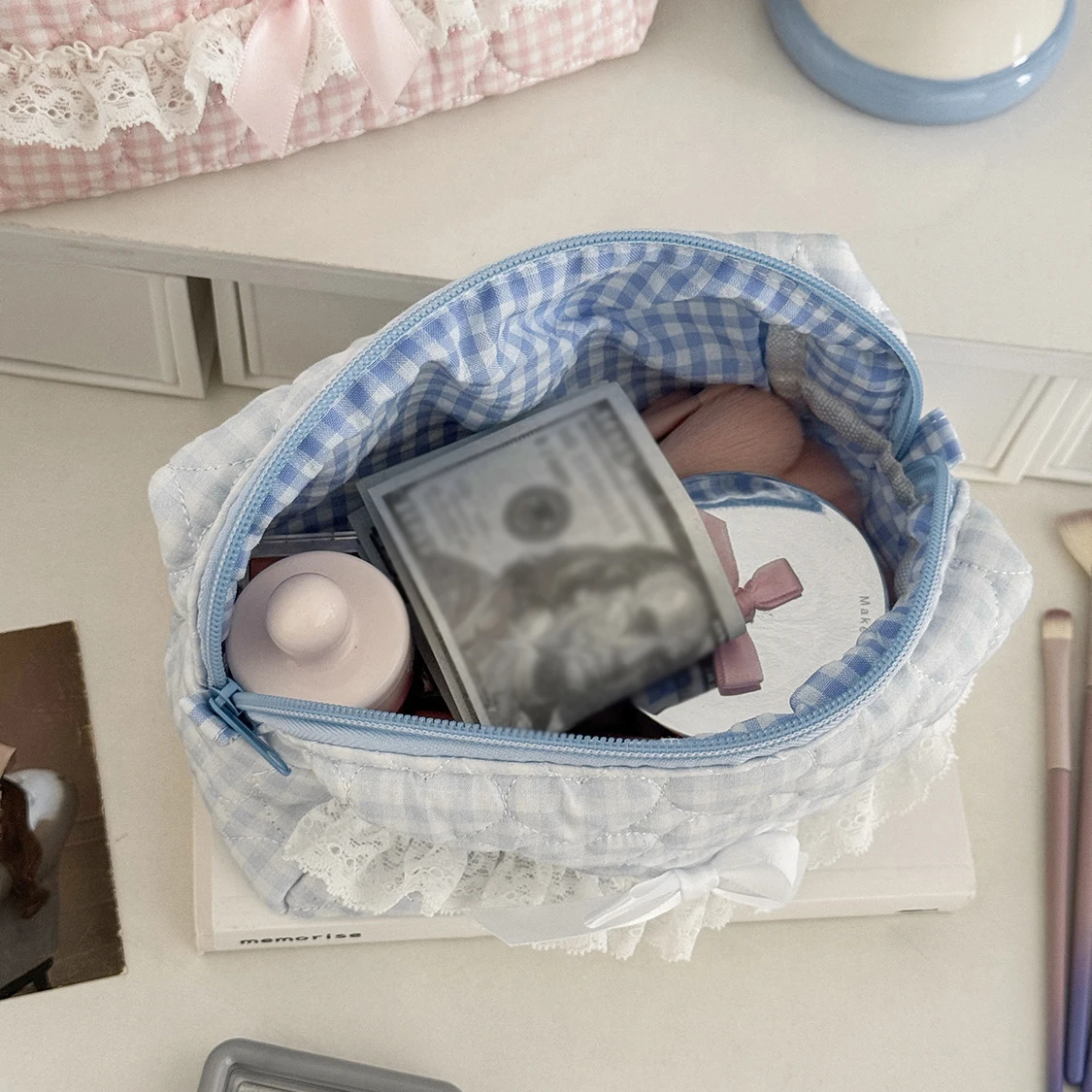 1PC Pink Blue Checkered Lace Pencil Case Quilted Cotton Large Capacity Organizer For School Office Stationery Gift