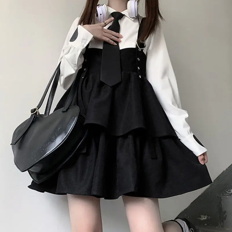 HOUZHOU Kawaii Black Lolita Dress Women Ruffle Layer Japanese fashion Sleeveless Strap Cute Mini Dress Preppy Style Soft Girl