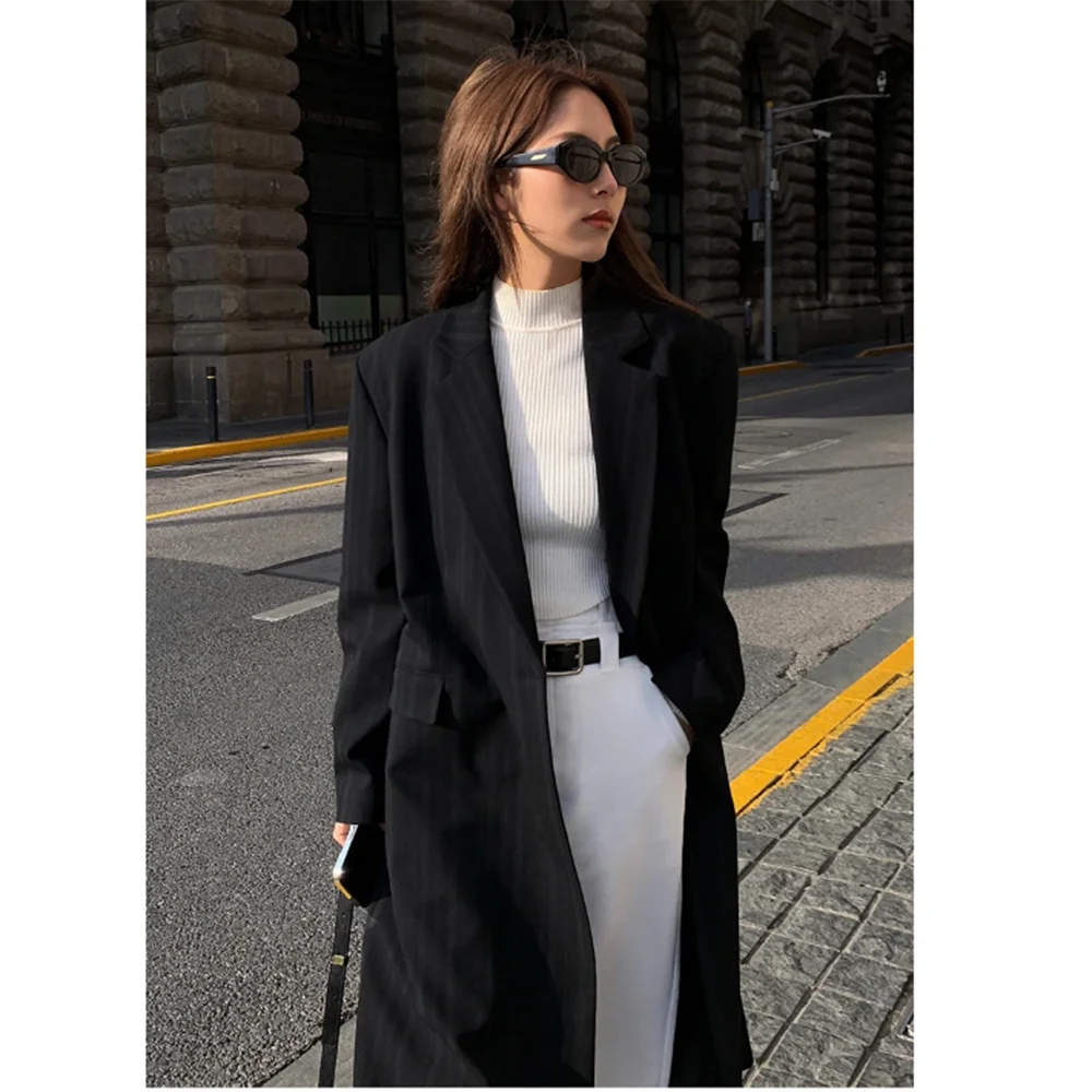 Fashion Chic Black Striped Women Blazer Coat Double Breasted One Piece Female Long Jacket Loose Formal Office Lady Outerwear