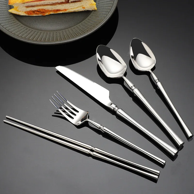 Korean Style Dinnerware Set 18/10 Stainless Steel Knife Fork Spoon Chopsticks Portable Cutlery Set Thick Round Handle Tableware