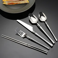 Korean Style Dinnerware Set 18/10 Stainless Steel Knife Fork Spoon Chopsticks Portable Cutlery Set Thick Round Handle Tableware