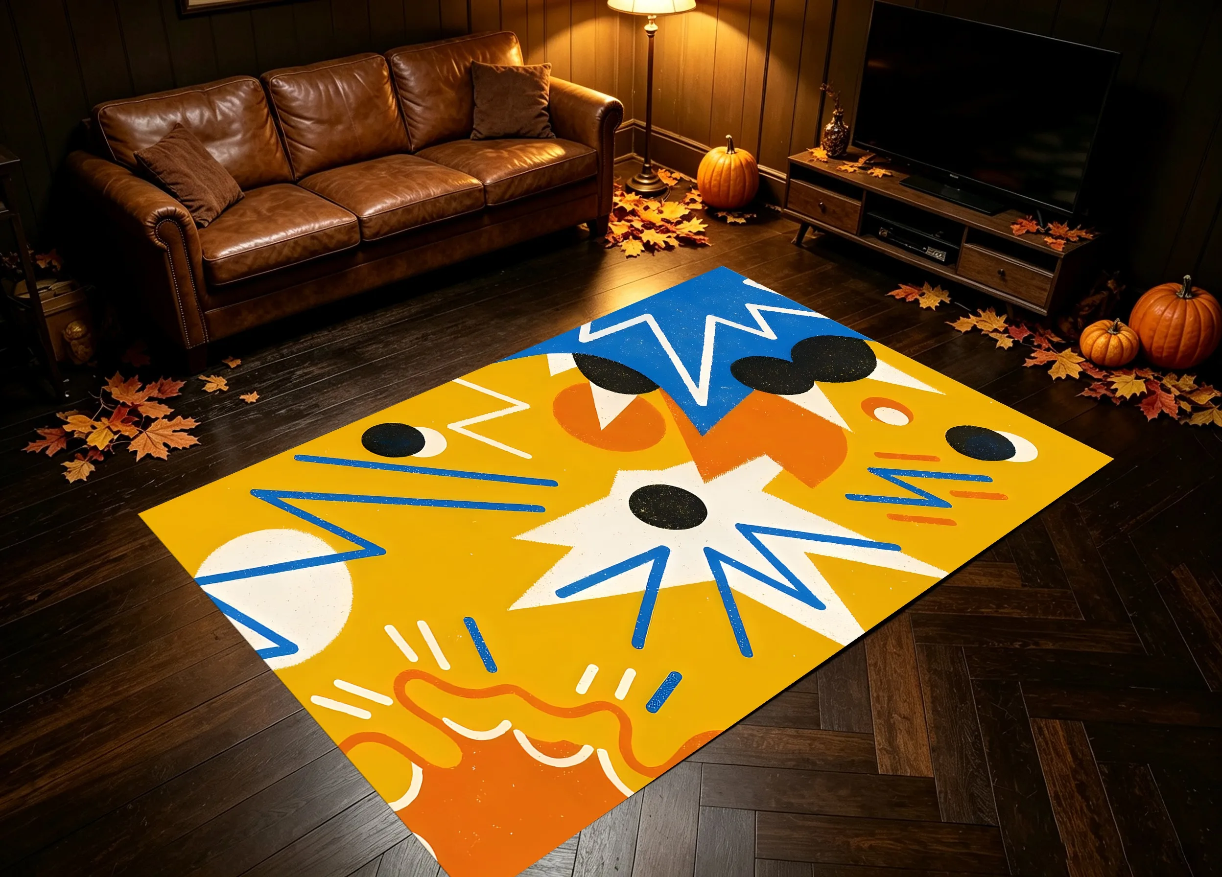 A Memphis-Style Velvet Rug with Contrasting Colors, Starbursts, Geometric Polka Dots, and a Memphis Vibe Perfect for New Year's Parties, Living Rooms, Bedrooms, and Entryways. Creates a Vibrant, Trendy, and Dopamine-Inducing Interior Design Atmosphere.