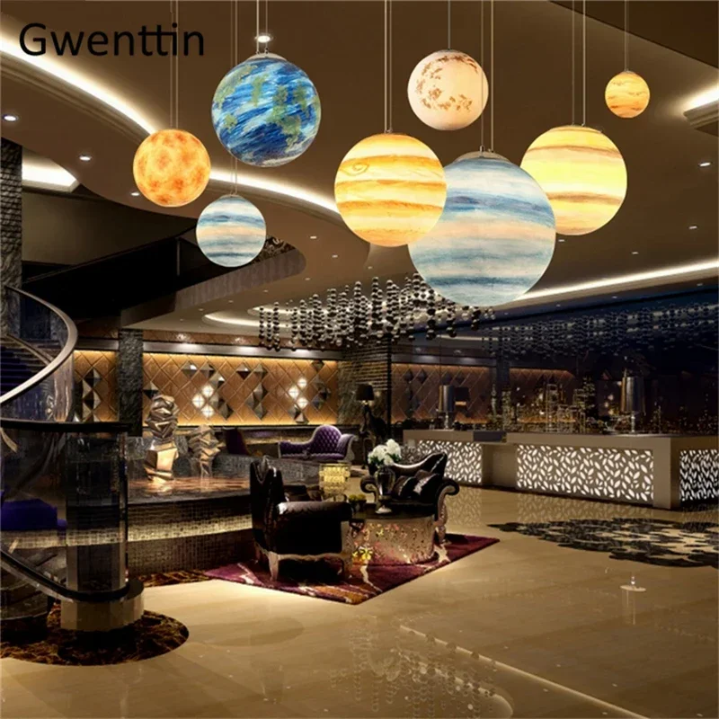 Creative Chandelier Planet Pendant Light Ceiling Resin Ball Moon Hanging Lamp Children Room Lighting Fixture Home Deco Luminaire